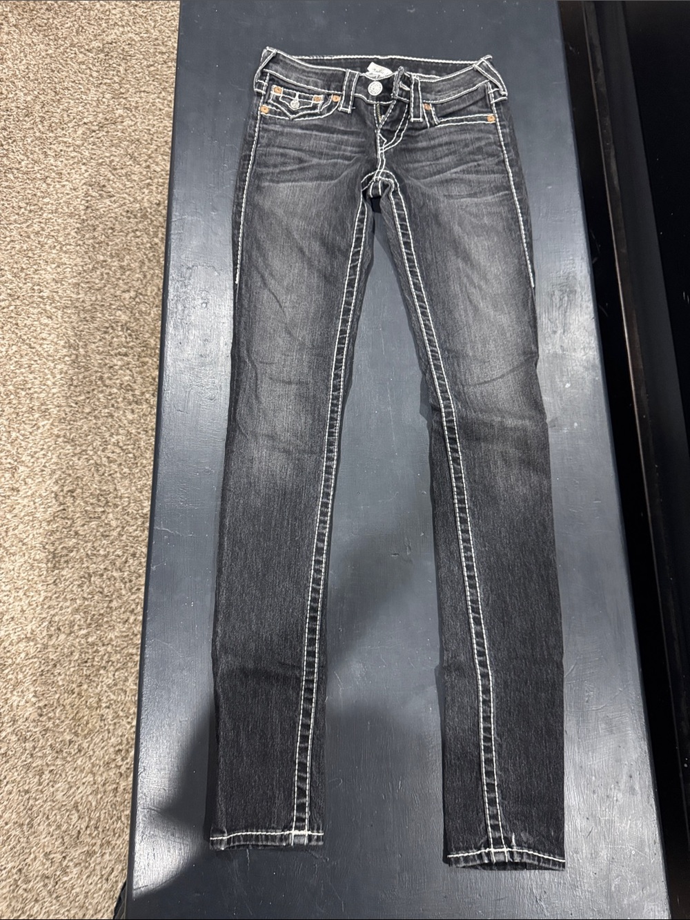 True Religion Black Washed Skinny Jeans with Contrast Stitching